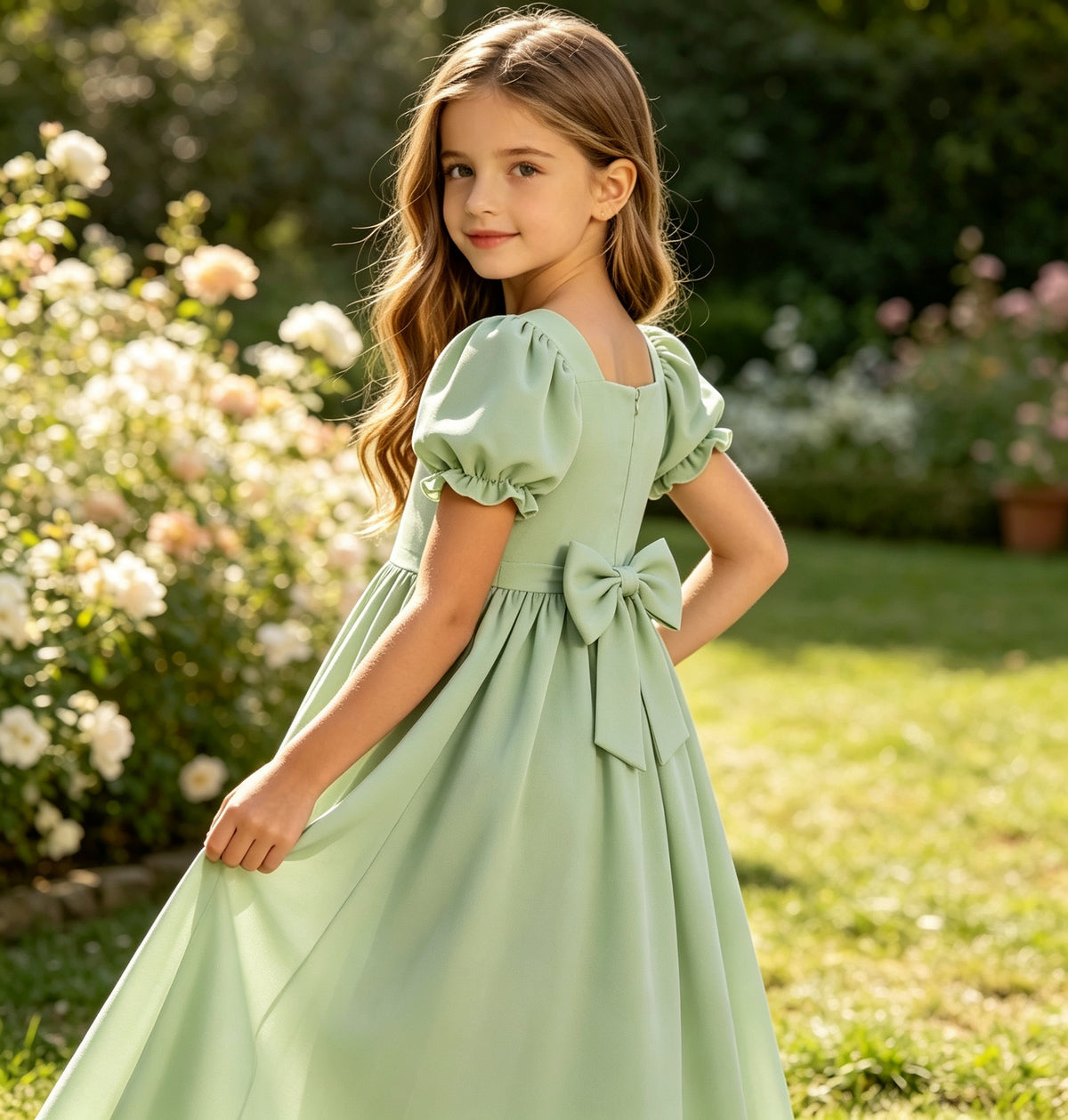 Sage Green Square Neck Puff Sleeve Chiffon Flower Girl Dress with Back Bow