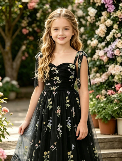 Black Floral Embroidery Tulle Flower Girl Dress with Tie Straps