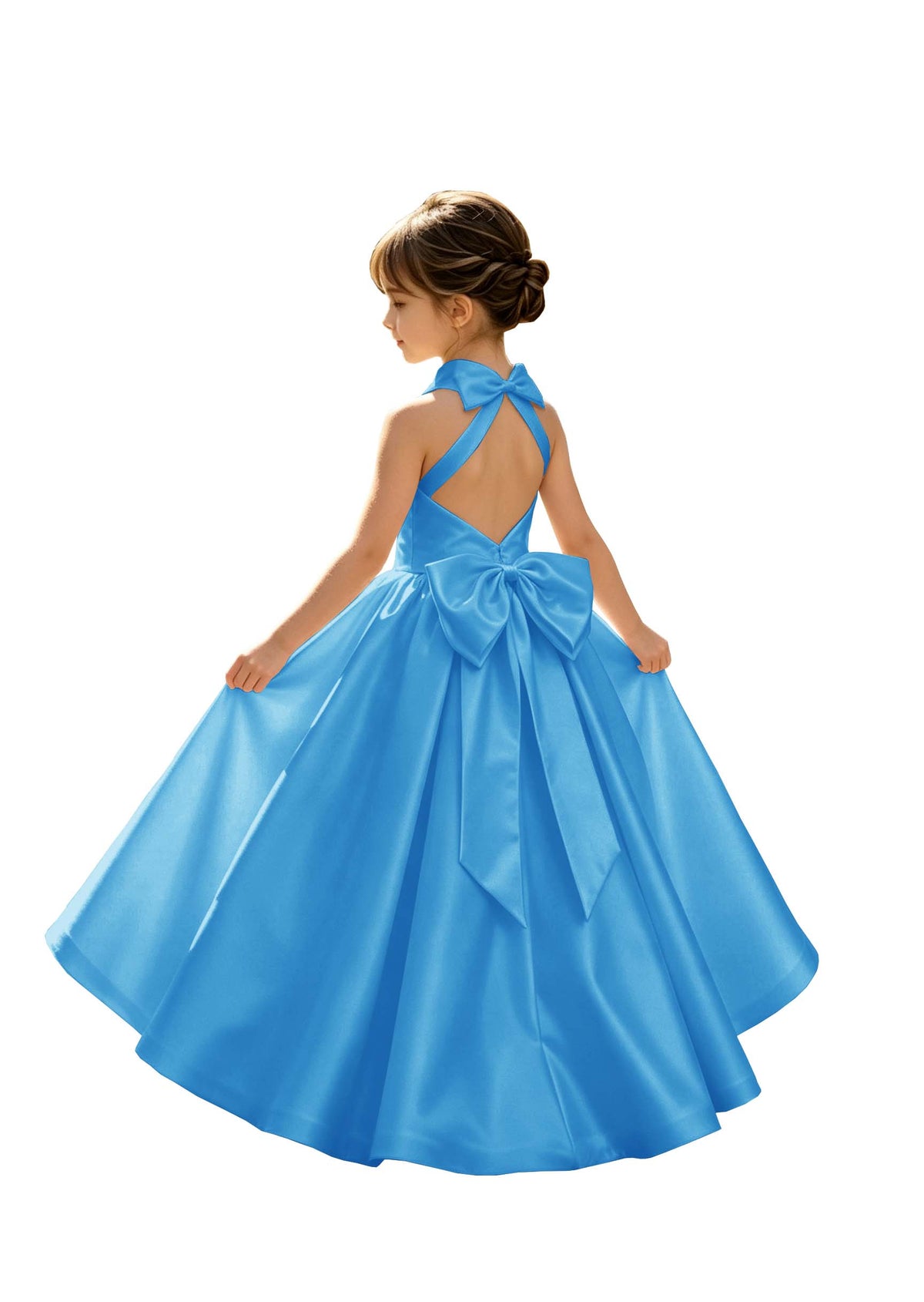 A-Line Halter High Neck Satin Flower Girl Dress with Big Back Bow