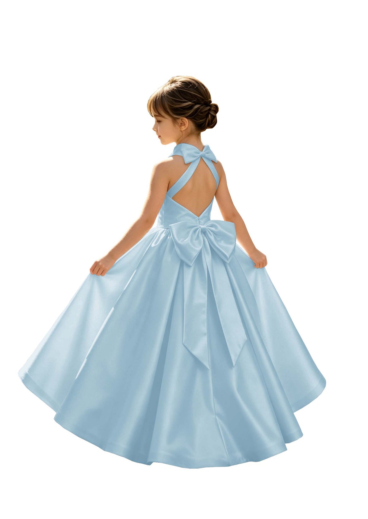 A-Line Halter High Neck Satin Flower Girl Dress with Big Back Bow