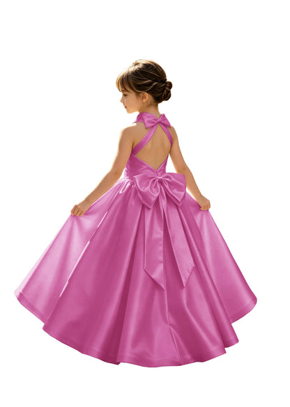 A-Line Halter High Neck Satin Flower Girl Dress with Big Back Bow