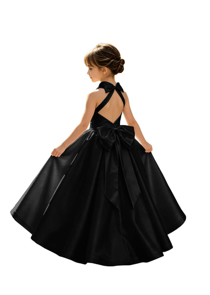A-Line Halter High Neck Satin Flower Girl Dress with Big Back Bow