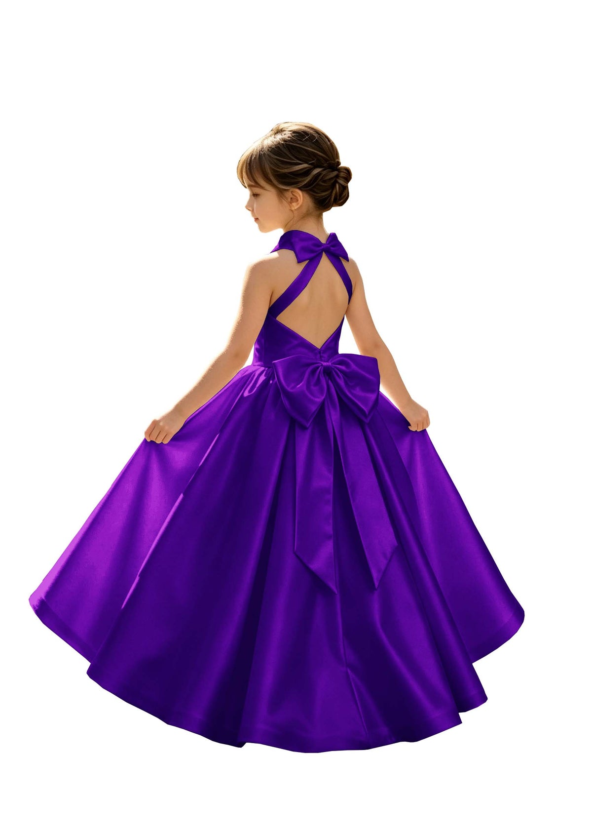 A-Line Halter High Neck Satin Flower Girl Dress with Big Back Bow