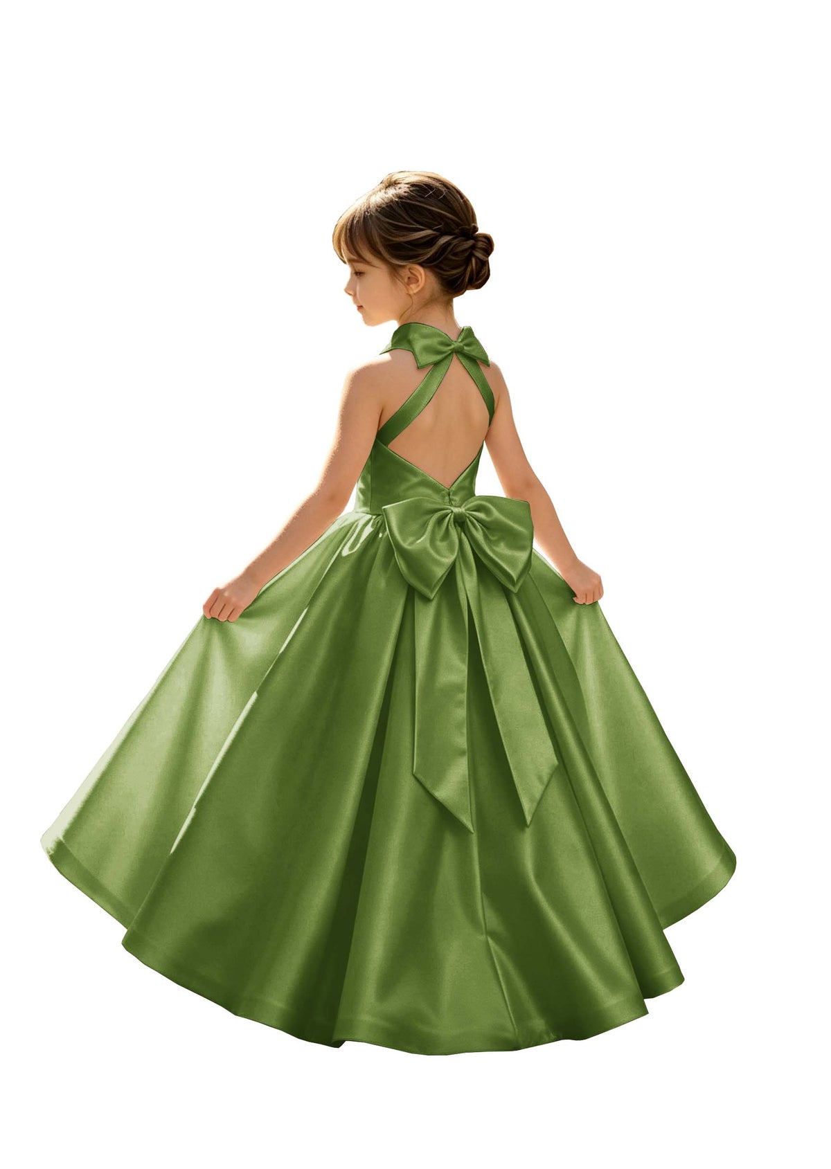 A-Line Halter High Neck Satin Flower Girl Dress with Big Back Bow