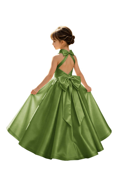 A-Line Halter High Neck Satin Flower Girl Dress with Big Back Bow