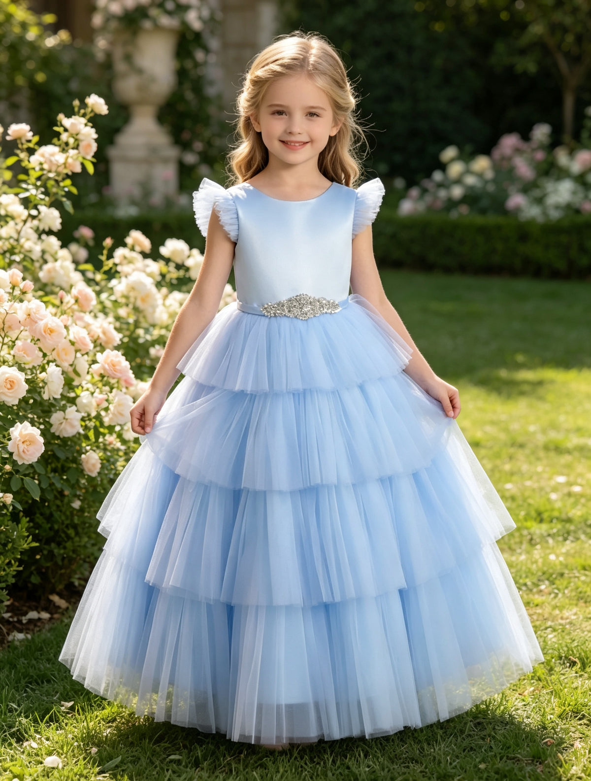 Sky Blue Tiered Tulle Flower Girl Dress with Rhinestone Belt & V-Back