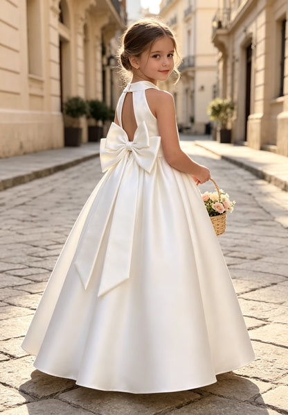 Elegant Halter Neck Satin A-Line Flower Girl Dress with Pearl Waistband and Back Bow