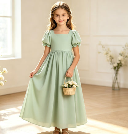 Sage Green Square Neck Puff Sleeve Chiffon Flower Girl Dress with Back Bow