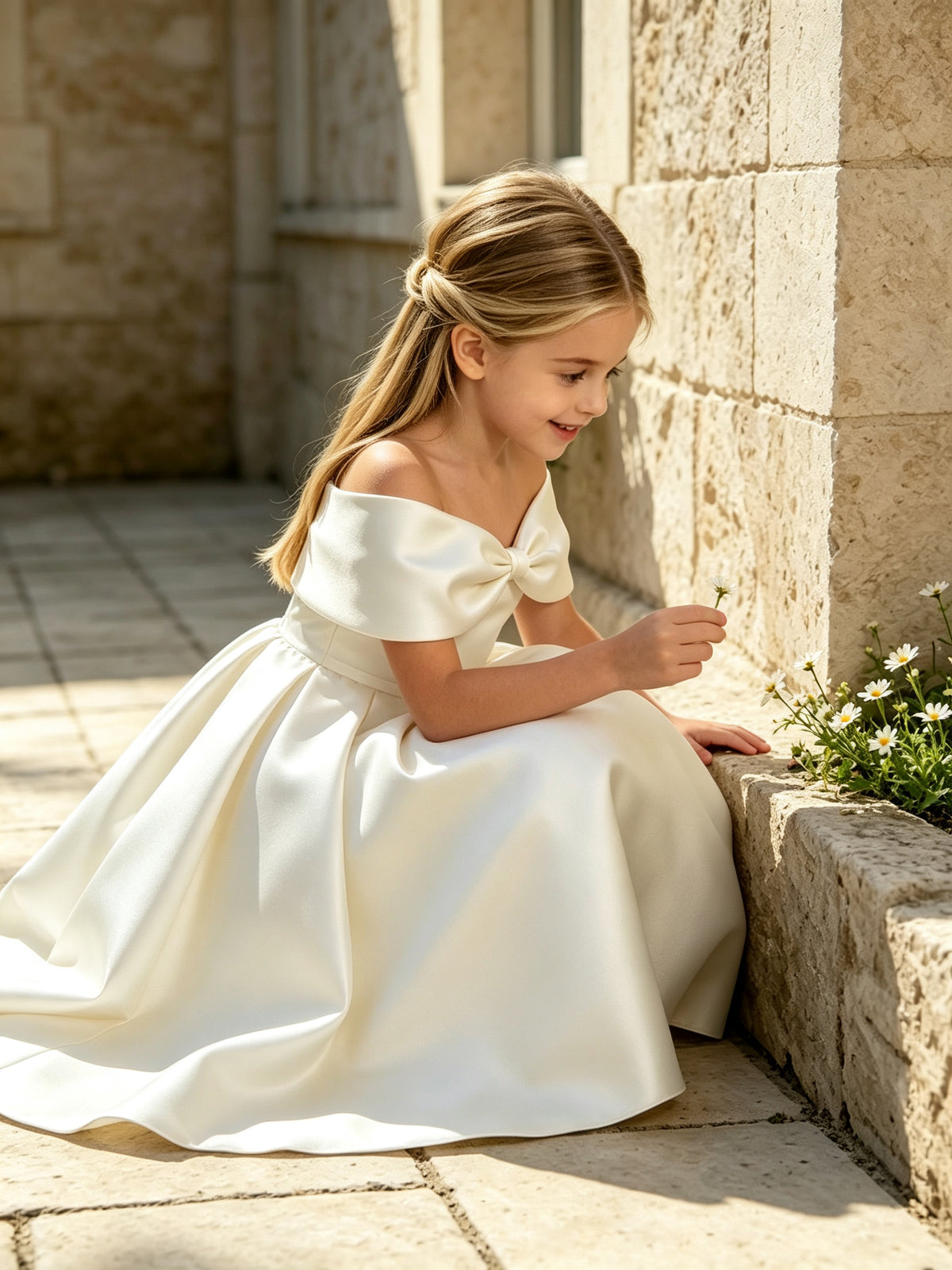 Off-the-Shoulder Satin Ball Gown Flower Girl Dress with Big Back Bow