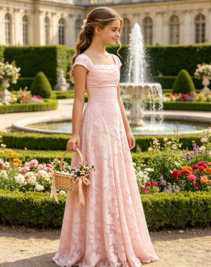 Elegance Blush Pink Lace Cap Sleeve A-Line Flower Girl Dress with Lace-Up Back
