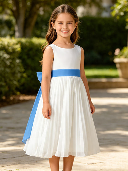 Elegant A-Line Pleated Chiffon Flower Girl Dress with Big Bow Sash