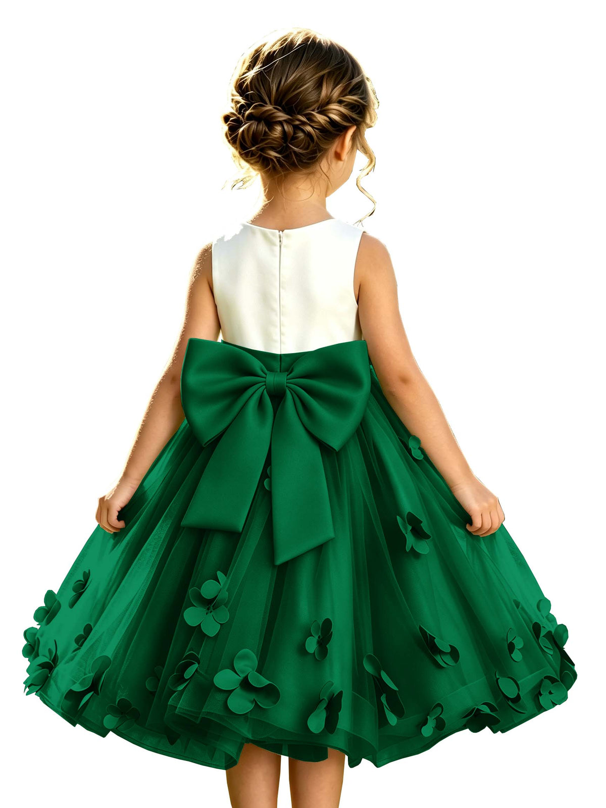 Sage Green Tulle A-Line Flower Girl Dress with Floral Appliques & Big Back Bow
