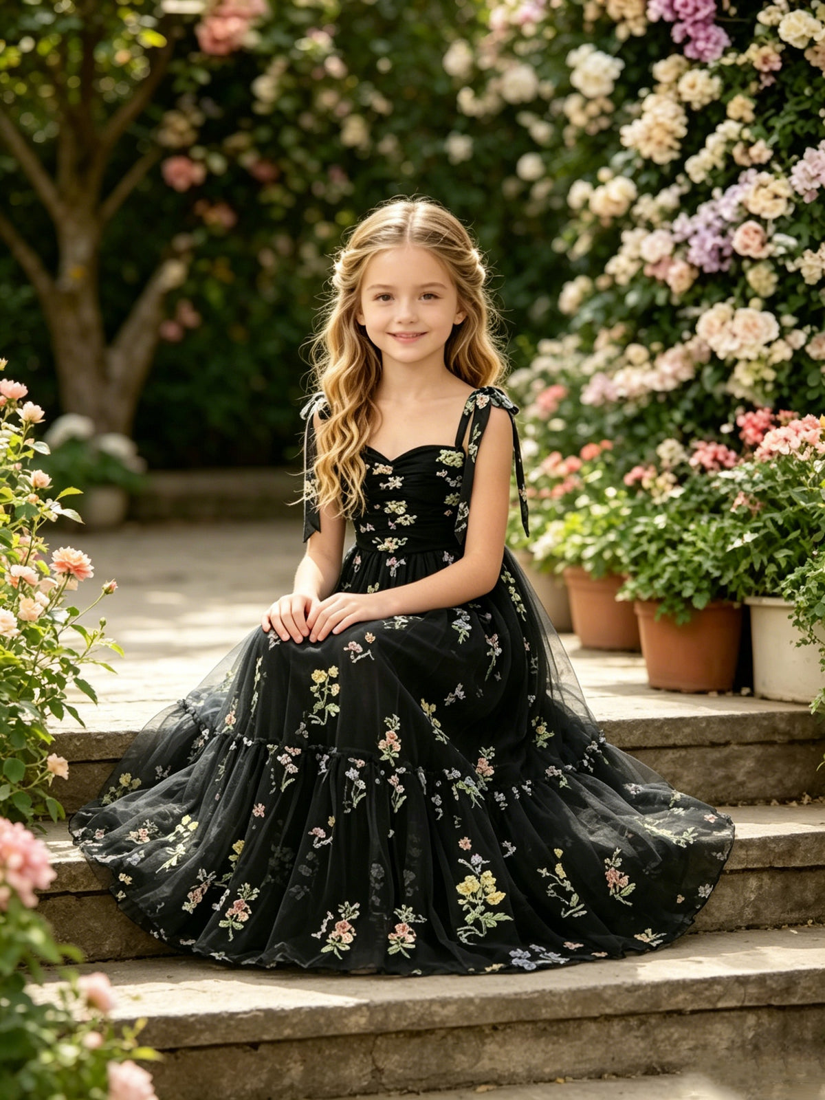 Black Floral Embroidery Tulle Flower Girl Dress with Tie Straps