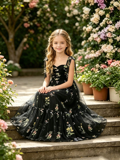 Black Floral Embroidery Tulle Flower Girl Dress with Tie Straps