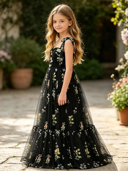 Black Floral Embroidery Tulle Flower Girl Dress with Tie Straps