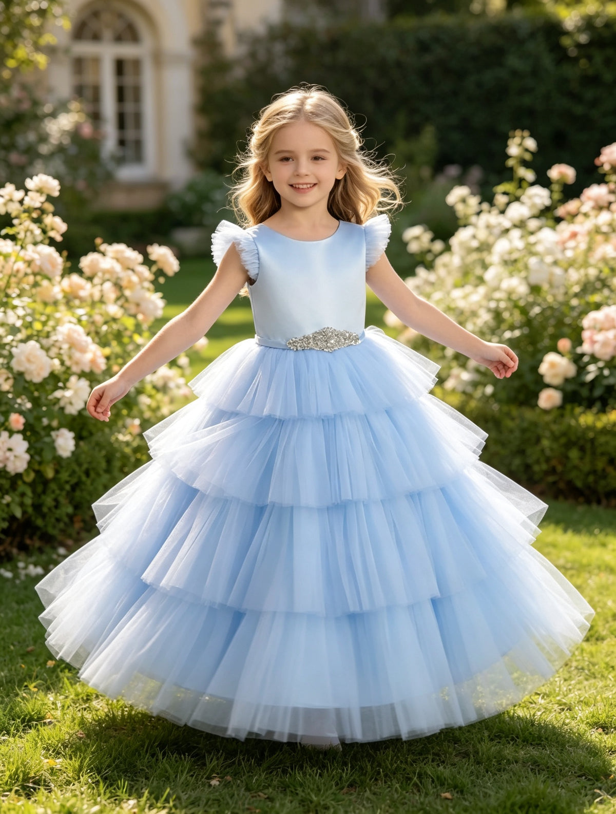 Sky Blue Tiered Tulle Flower Girl Dress with Rhinestone Belt & V-Back