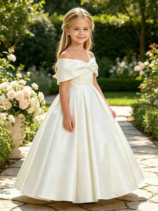 Off-the-Shoulder Satin Ball Gown Flower Girl Dress with Big Back Bow