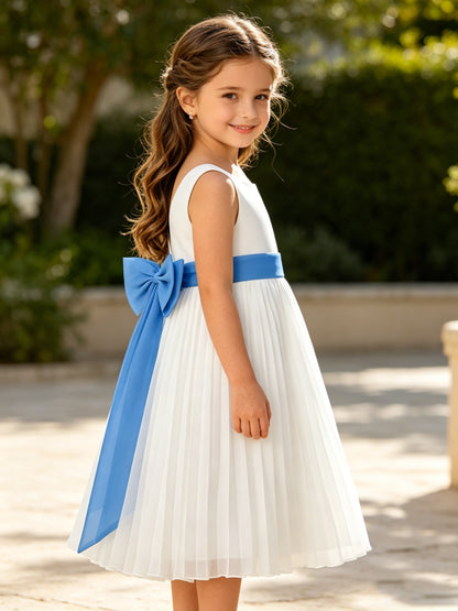 Elegant A-Line Pleated Chiffon Flower Girl Dress with Big Bow Sash