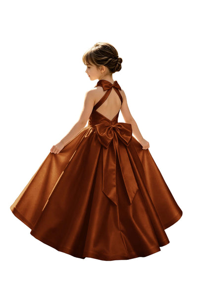 A-Line Halter High Neck Satin Flower Girl Dress with Big Back Bow