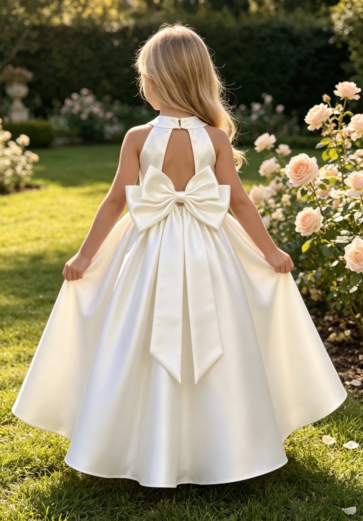 Elegant Halter Neck Satin A-Line Flower Girl Dress with Pearl Waistband and Back Bow