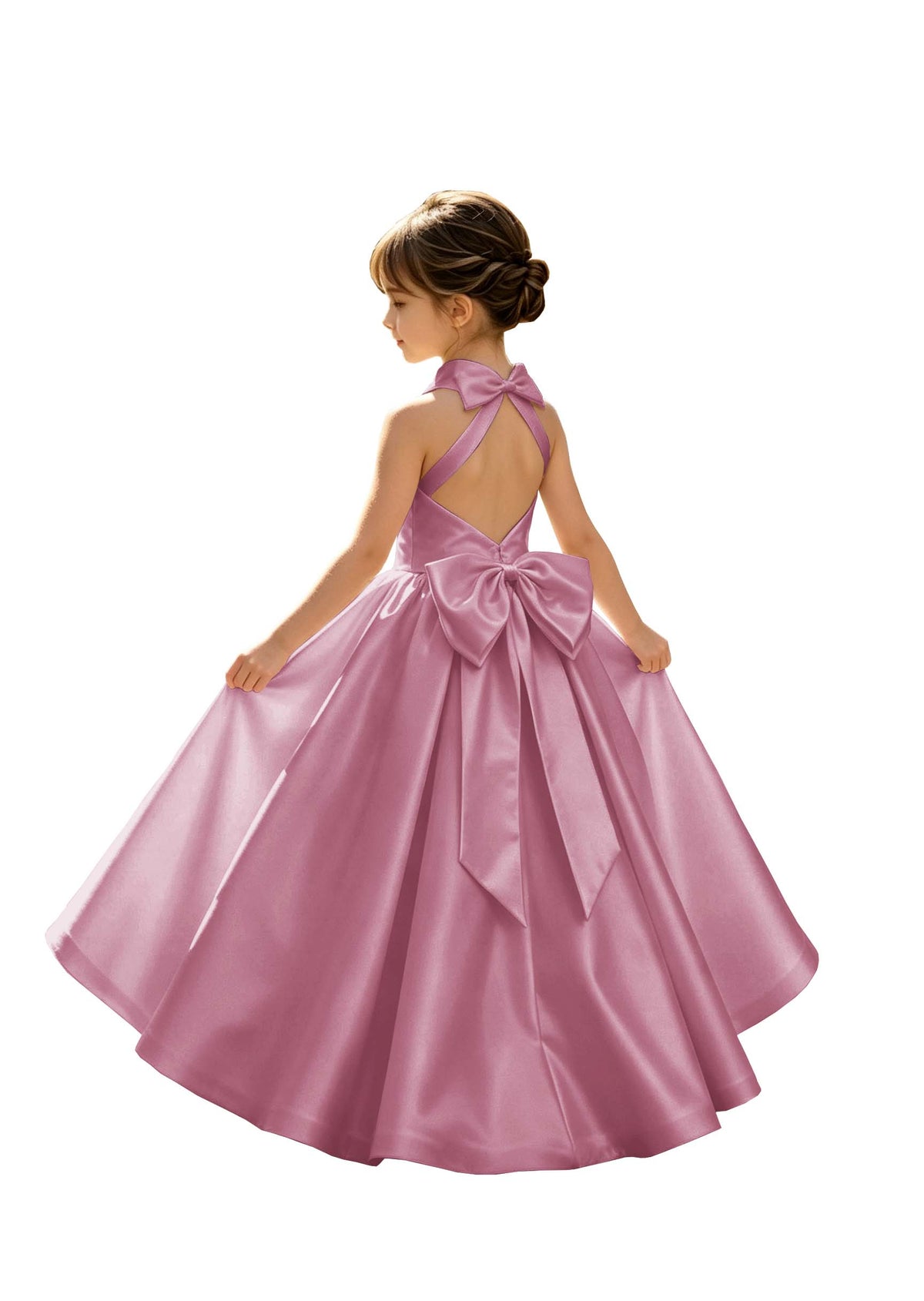 A-Line Halter High Neck Satin Flower Girl Dress with Big Back Bow