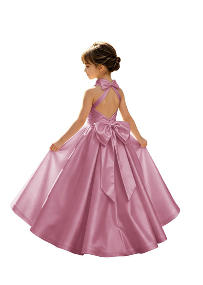 A-Line Halter High Neck Satin Flower Girl Dress with Big Back Bow