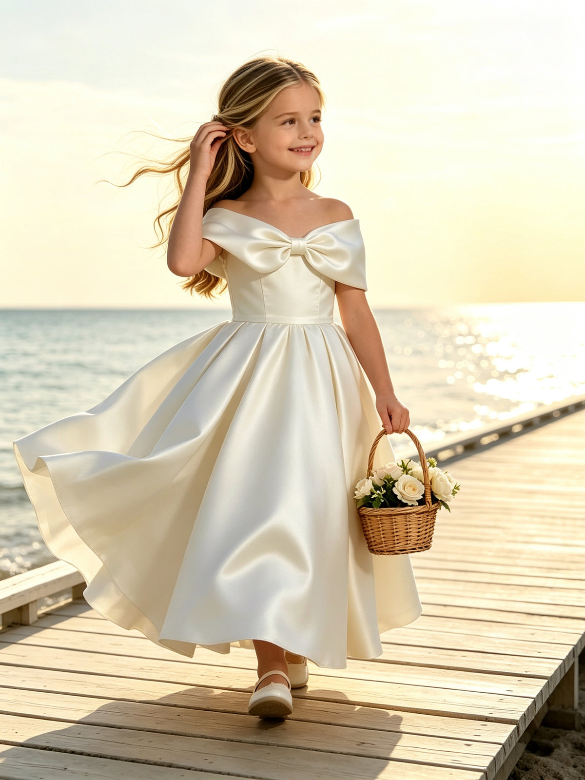 Off-the-Shoulder Satin Ball Gown Flower Girl Dress with Big Back Bow