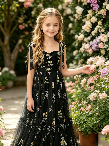 Black Floral Embroidery Tulle Flower Girl Dress with Tie Straps