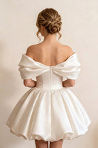 Ivory Off-the-Shoulder Bubble Hem Satin Homecoming Dresses