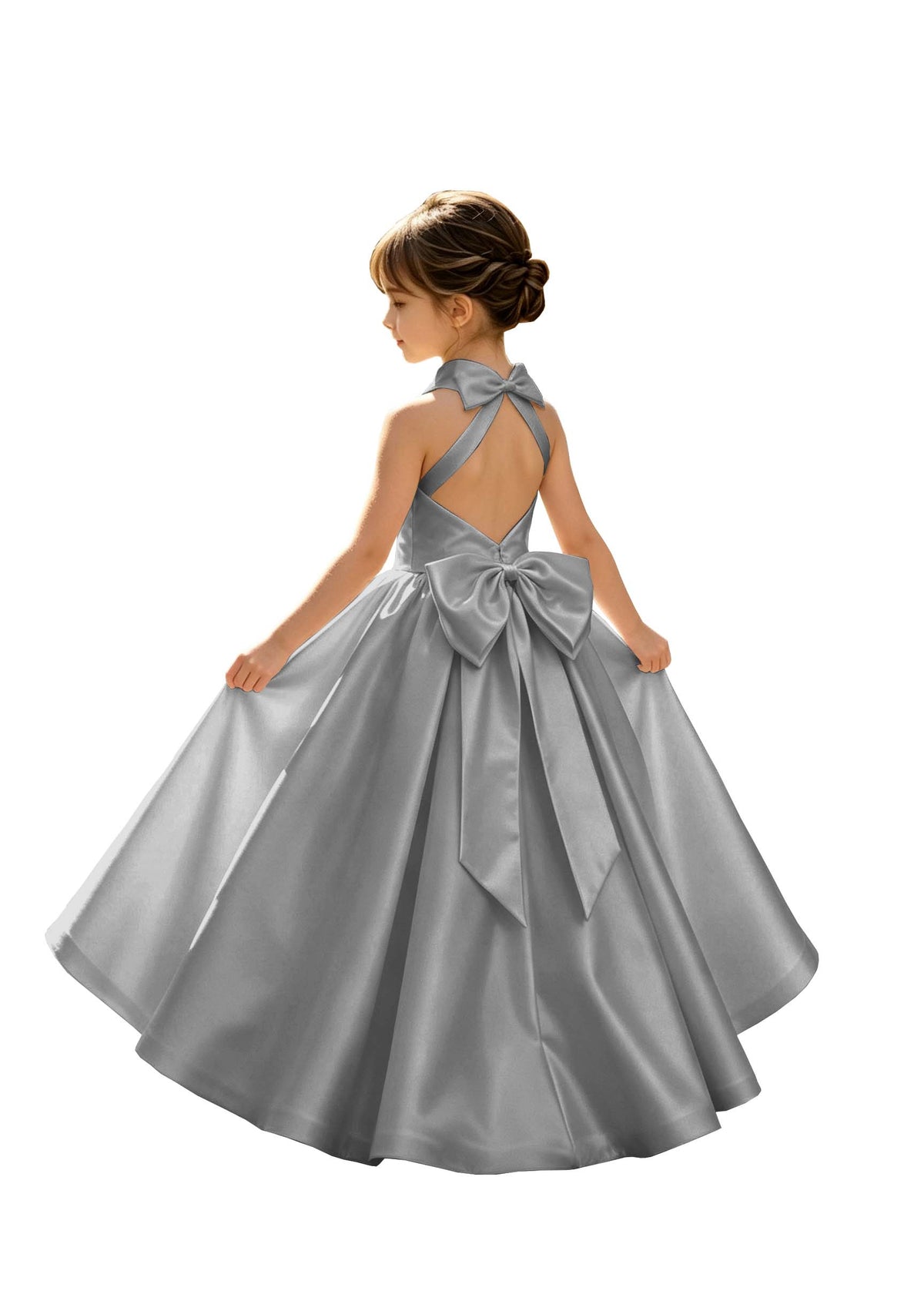 A-Line Halter High Neck Satin Flower Girl Dress with Big Back Bow