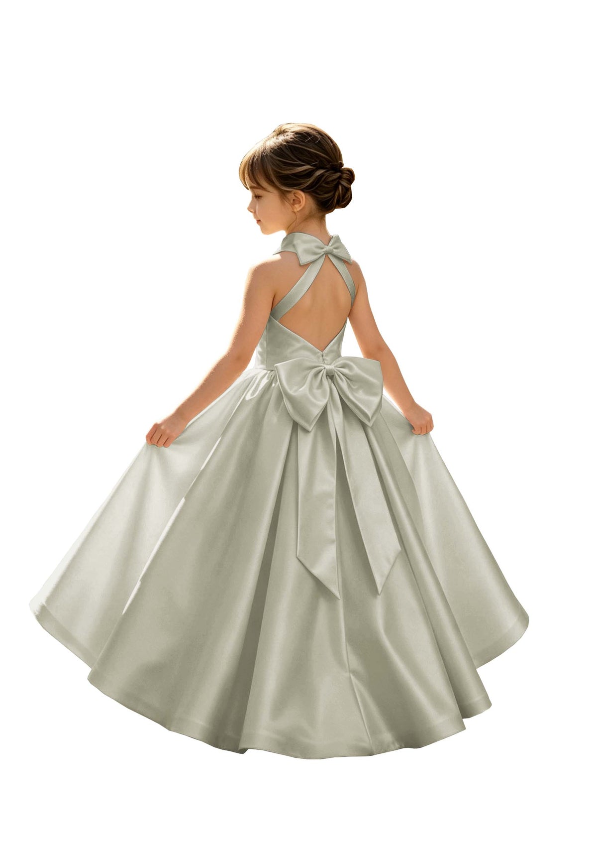 A-Line Halter High Neck Satin Flower Girl Dress with Big Back Bow