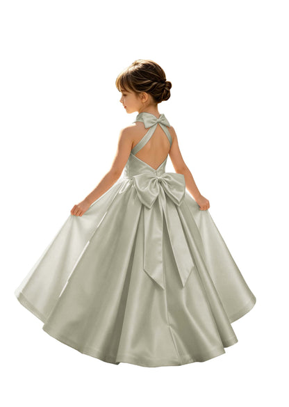 A-Line Halter High Neck Satin Flower Girl Dress with Big Back Bow