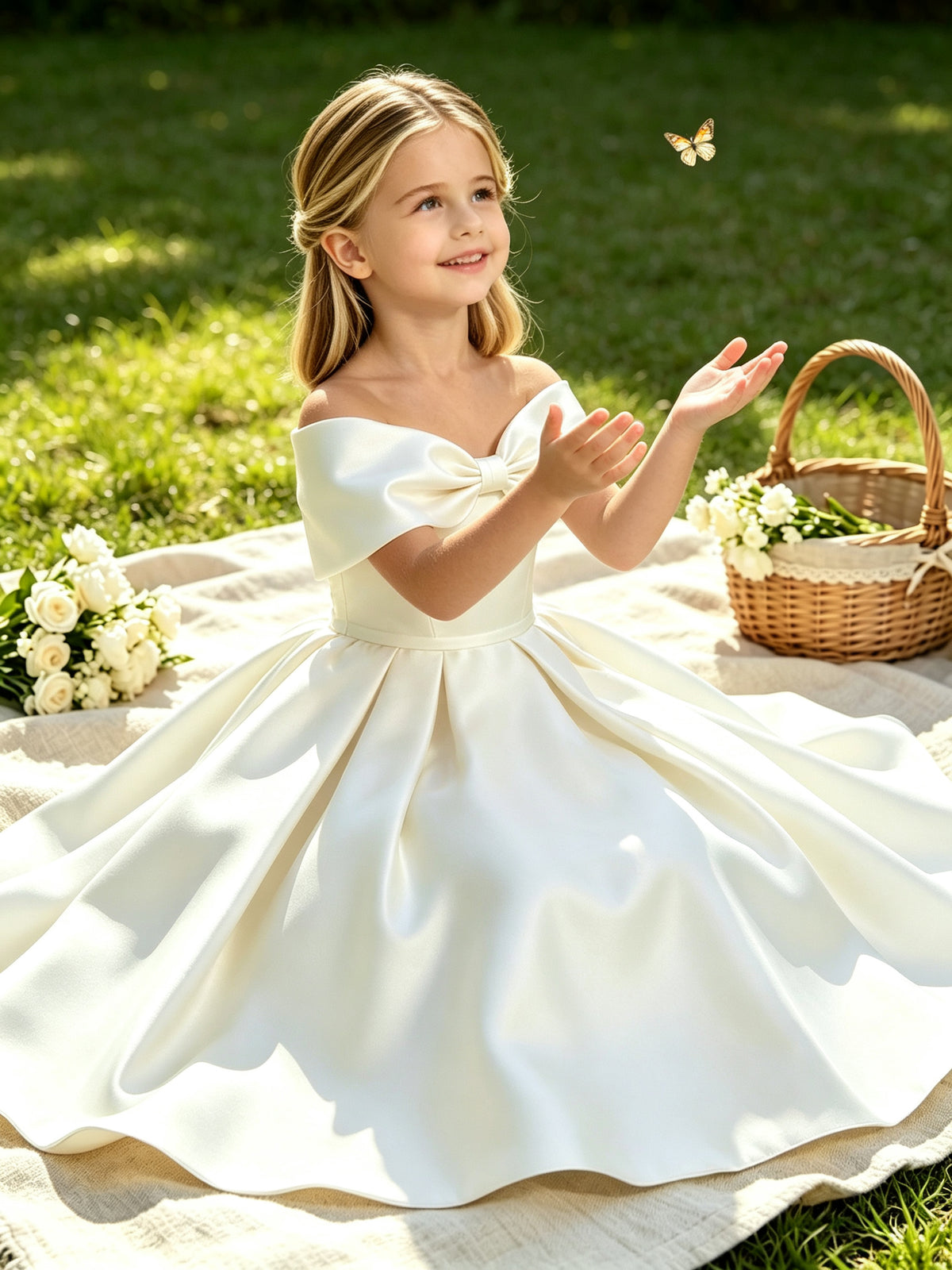 Off-the-Shoulder Satin Ball Gown Flower Girl Dress with Big Back Bow