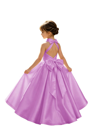 A-Line Halter High Neck Satin Flower Girl Dress with Big Back Bow