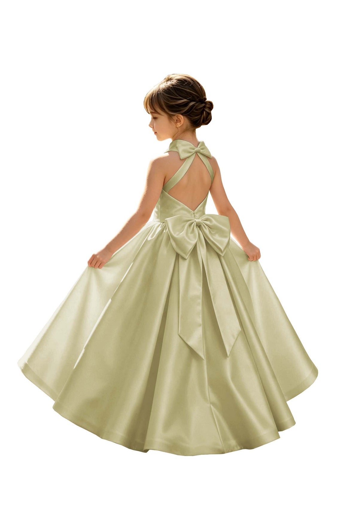 A-Line Halter High Neck Satin Flower Girl Dress with Big Back Bow