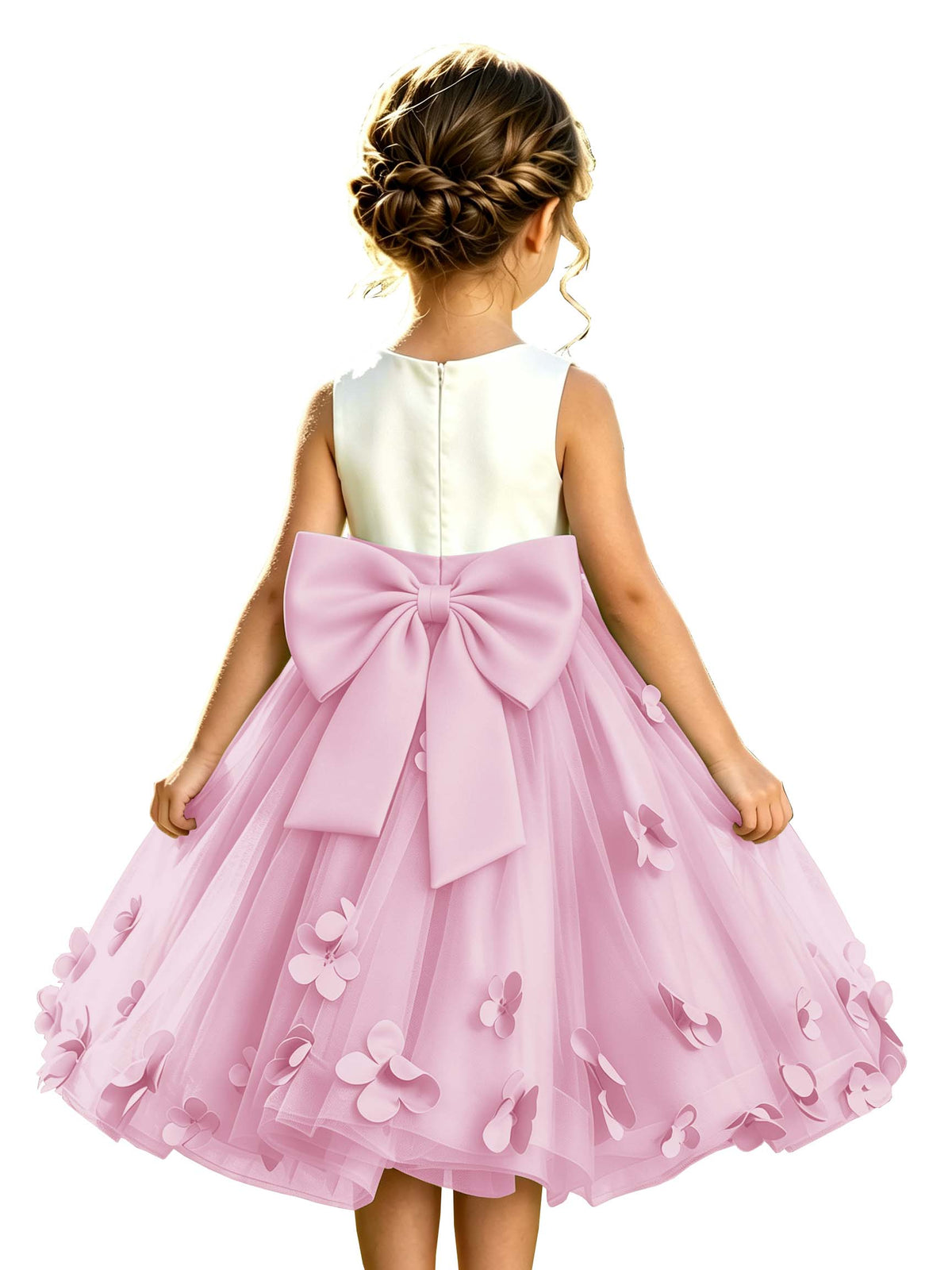 Sage Green Tulle A-Line Flower Girl Dress with Floral Appliques & Big Back Bow