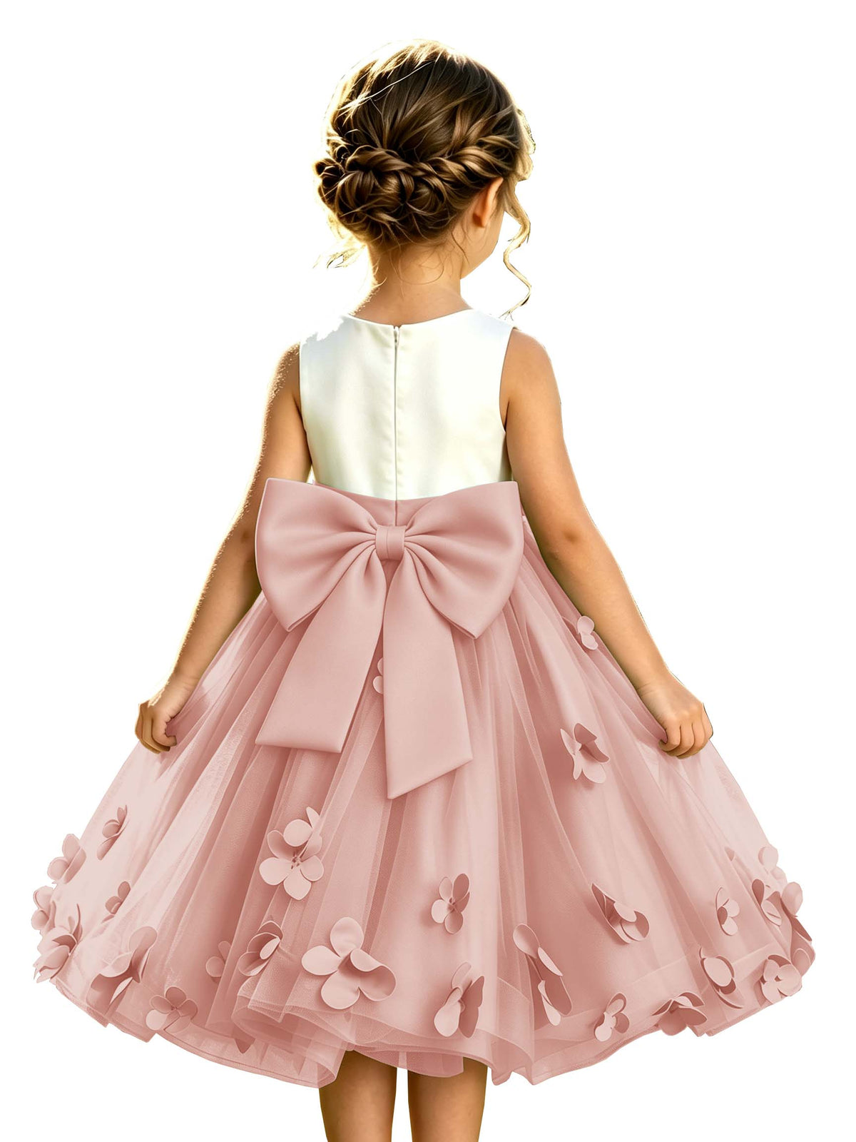 Sage Green Tulle A-Line Flower Girl Dress with Floral Appliques & Big Back Bow