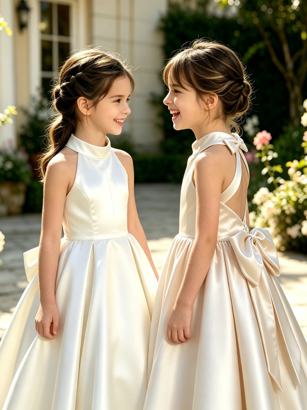 A-Line Halter High Neck Satin Flower Girl Dress with Big Back Bow