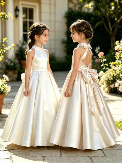 A-Line Halter High Neck Satin Flower Girl Dress with Big Back Bow