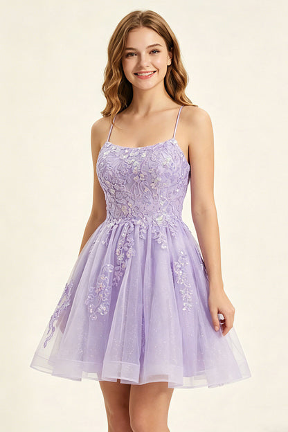 A Line Sequins Lilac Tulle Homecoming Dresses with Appliques