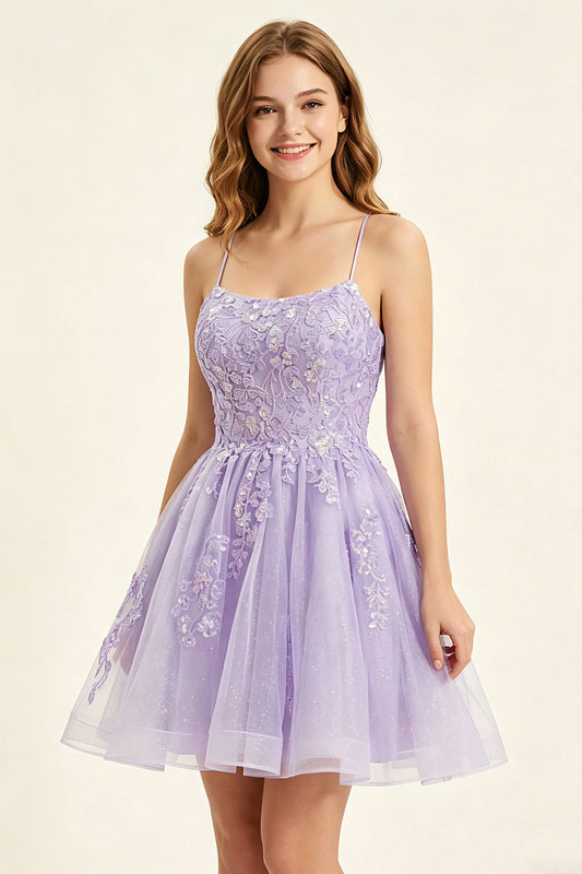 A Line Sequins Lilac Tulle Homecoming Dresses with Appliques