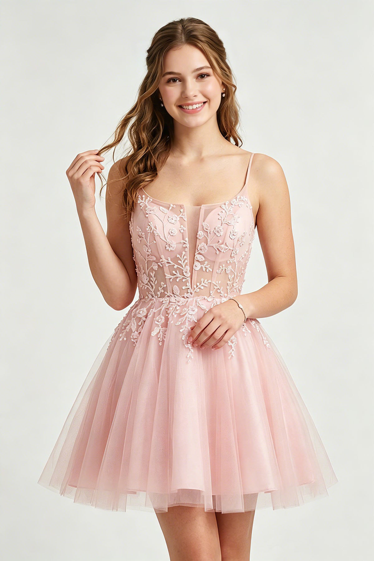 A Line Spaghetti Straps Pink Tulle Homecoming Dresses With Sequins