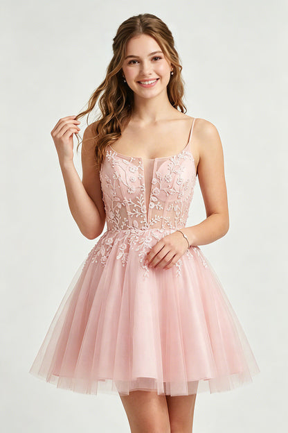 A Line Spaghetti Straps Pink Tulle Homecoming Dresses With Sequins