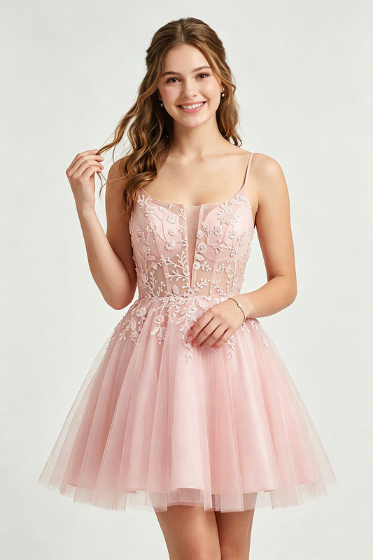 A Line Spaghetti Straps Pink Tulle Homecoming Dresses With Sequins