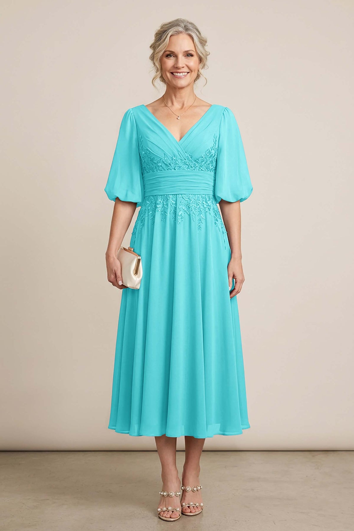 Dusty Blue V-Neck Lace Chiffon Tea-Length Mother Dresses