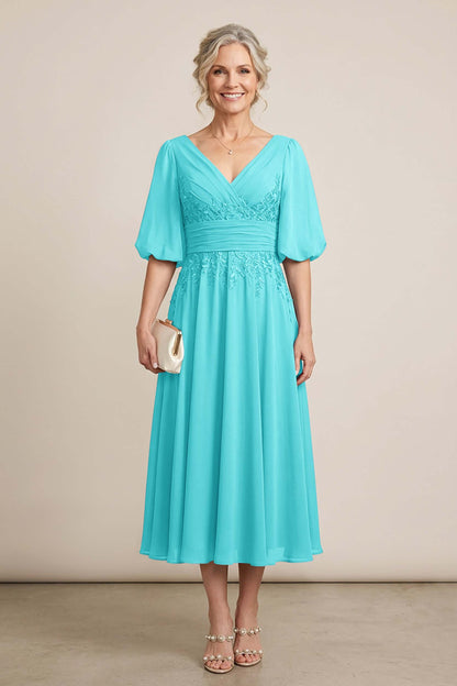 Dusty Blue V-Neck Lace Chiffon Tea-Length Mother Dresses