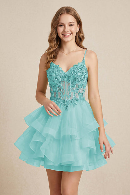 Mint Green Sequin Corset Tiered Tulle Mini Homecoming Dresses