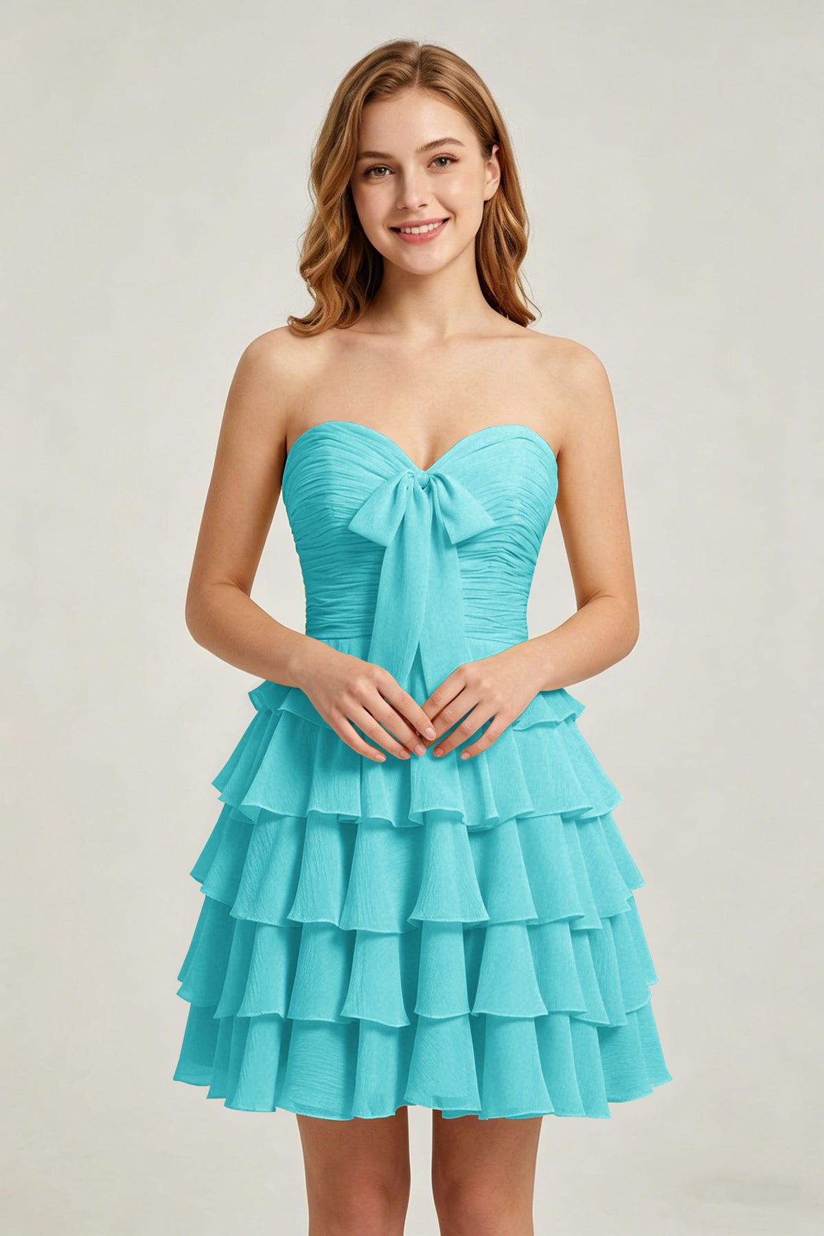 Strapless Yellow Chiffon Tiered Short Homecoming Dresses with Bow