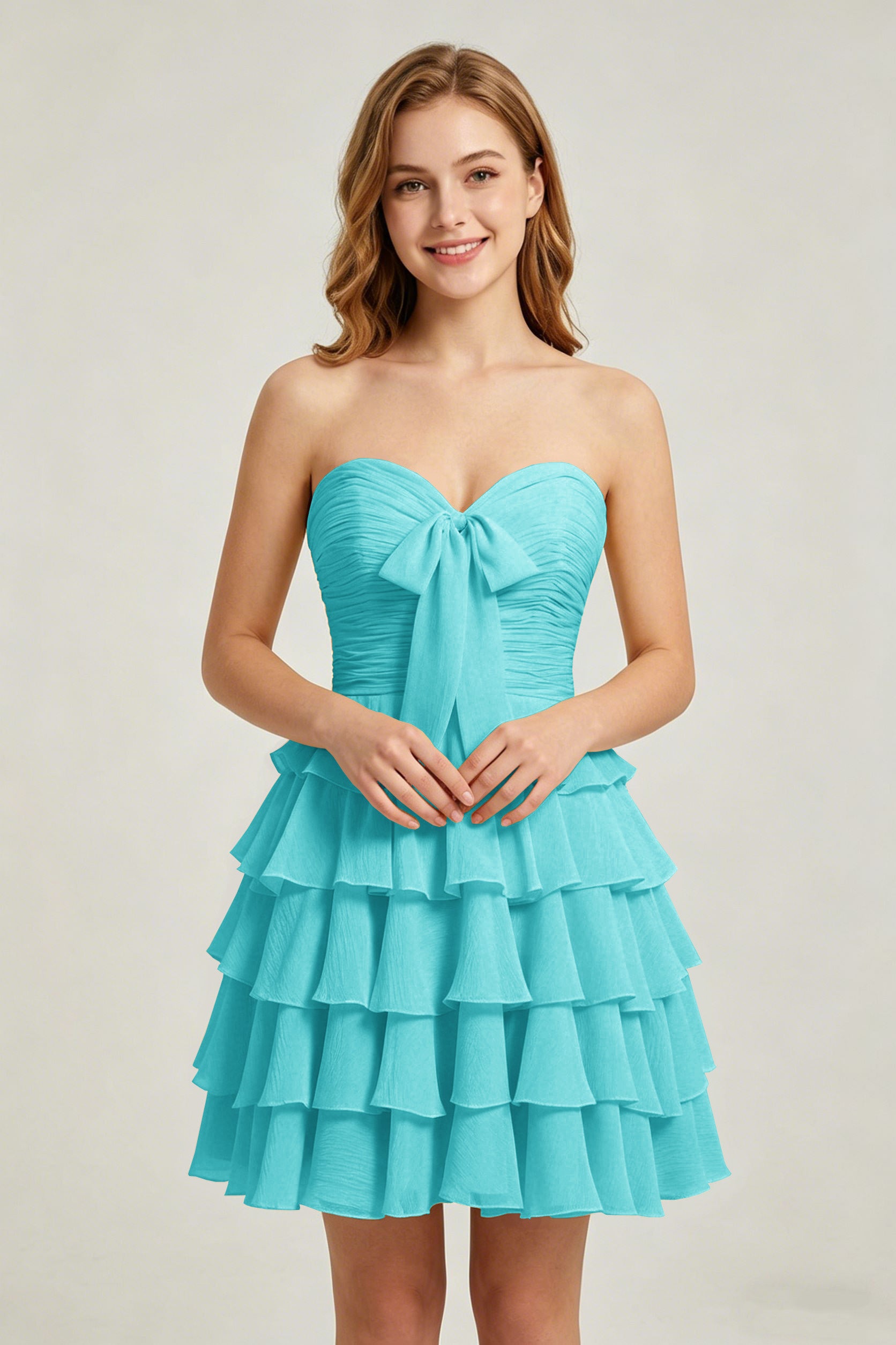 Strapless Yellow Chiffon Tiered Short Homecoming Dresses with Bow