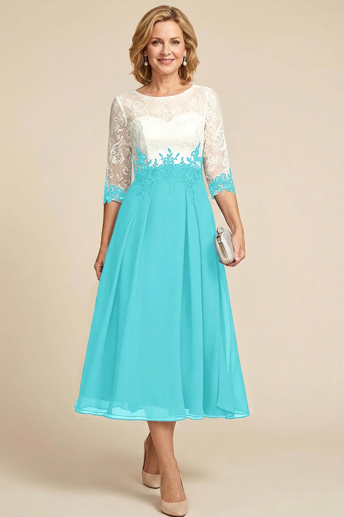 Navy Blue 3/4 Sleeve Two-Tone Lace Chiffon Mother Dresses